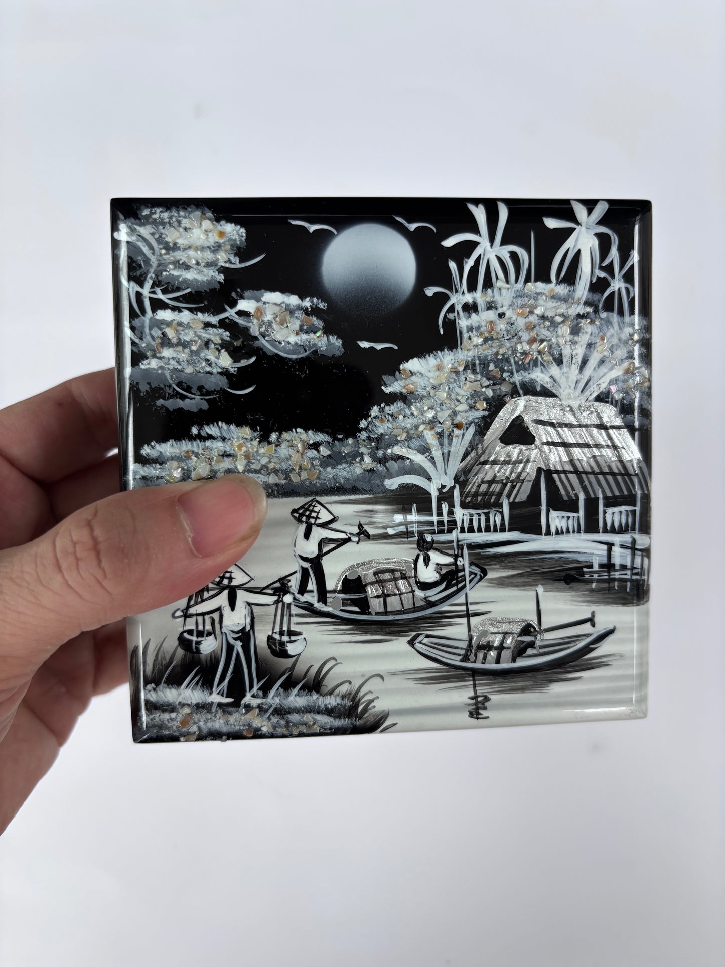 Vietnamese Lacquer Coaster Set of 6 with Holder – Handmade Eggshell Inlay Art