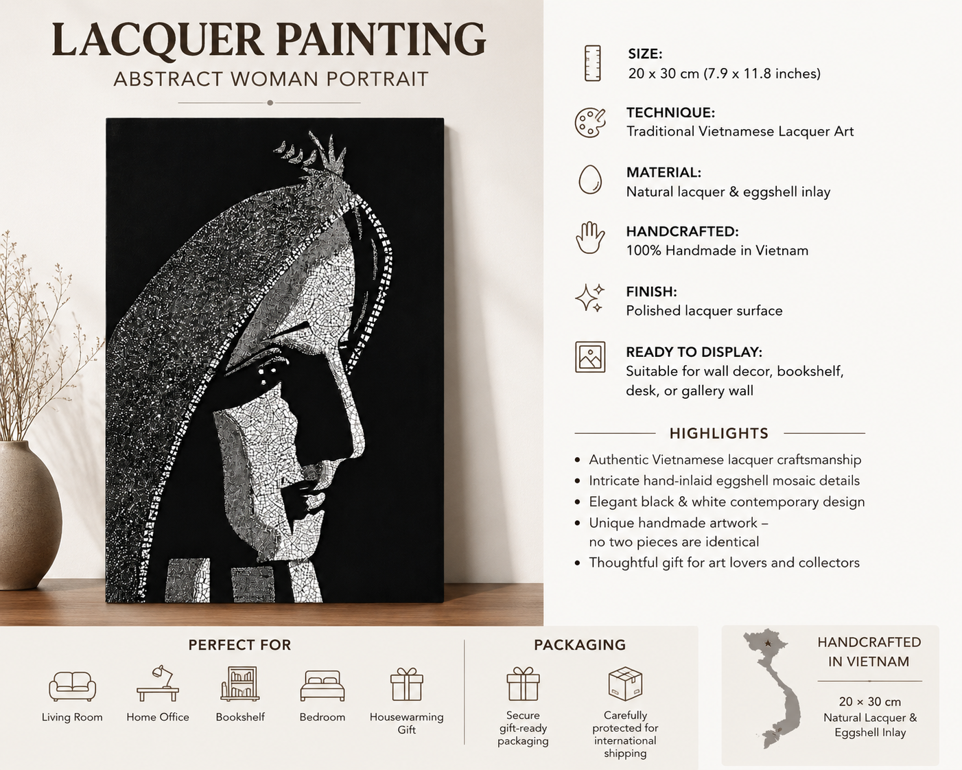 Black & White Madonna Lacquer Painting – Handcrafted Vietnamese Sacred Art (20 x 30 cm)