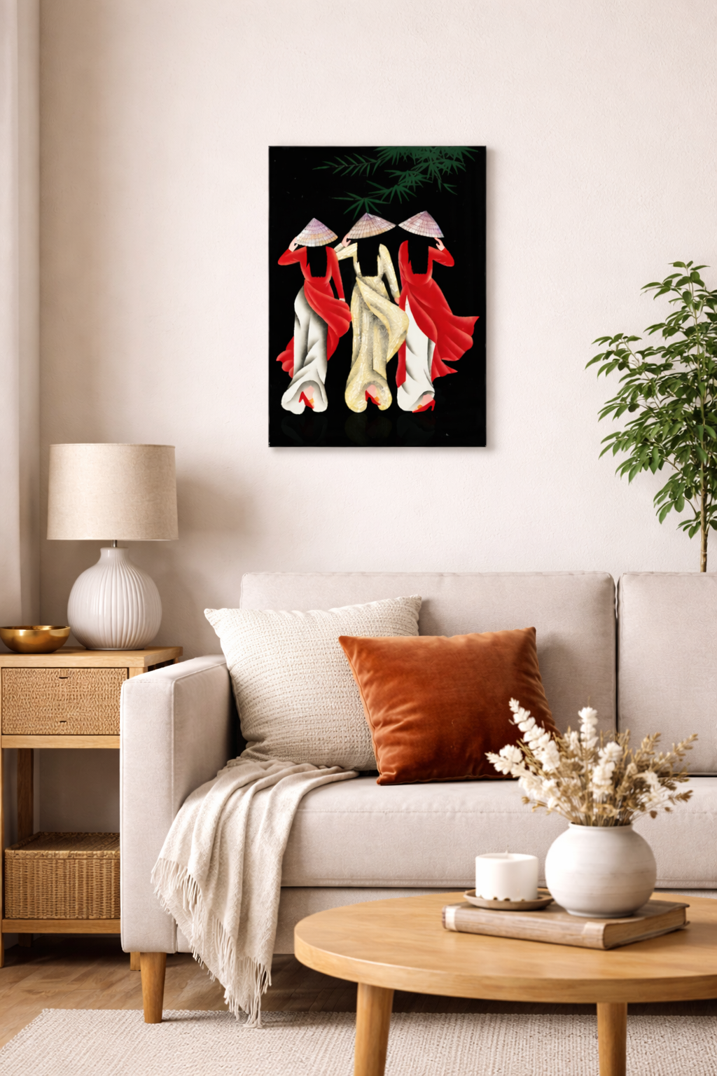 Vietnamese Lacquer Art Painting – Three Women in Traditional Ao Dai – Handcrafted Wall Decor 20 x 30 cm