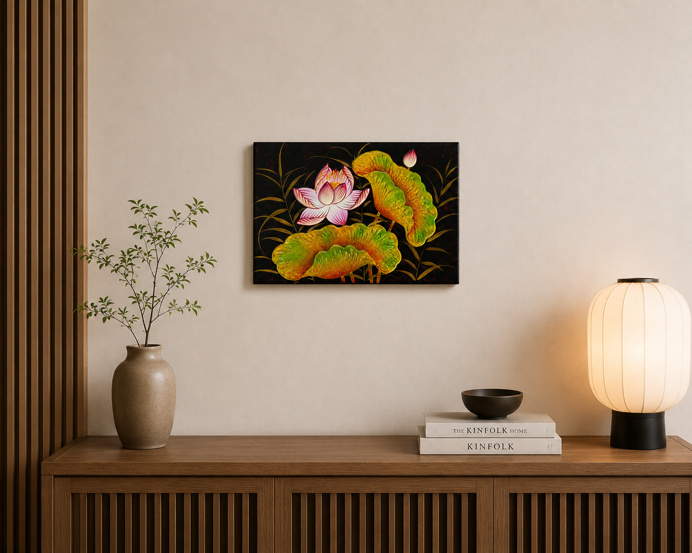Vietnamese Lotus Lacquer Painting – Handmade Wall Art (20x30 cm)
