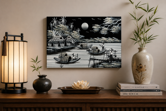 Moonlit Vietnamese Village – Handmade Vietnamese Lacquer Painting