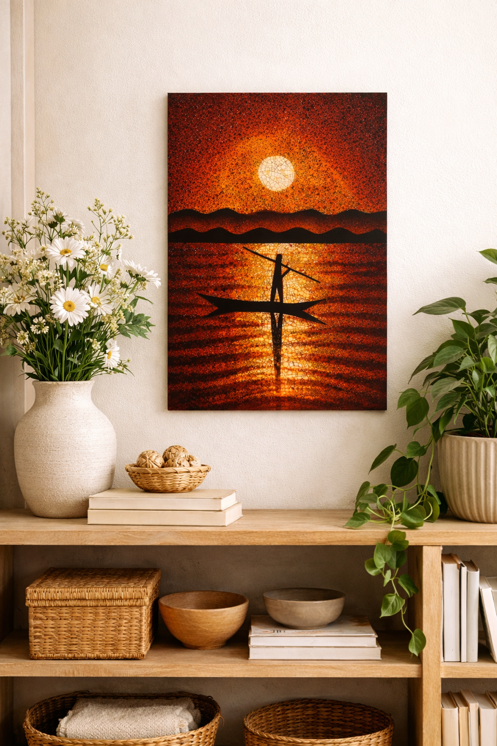Vietnamese Lacquer Painting – Moonlit Fishing Boat, Eggshell Inlay Art, 20x30 cm