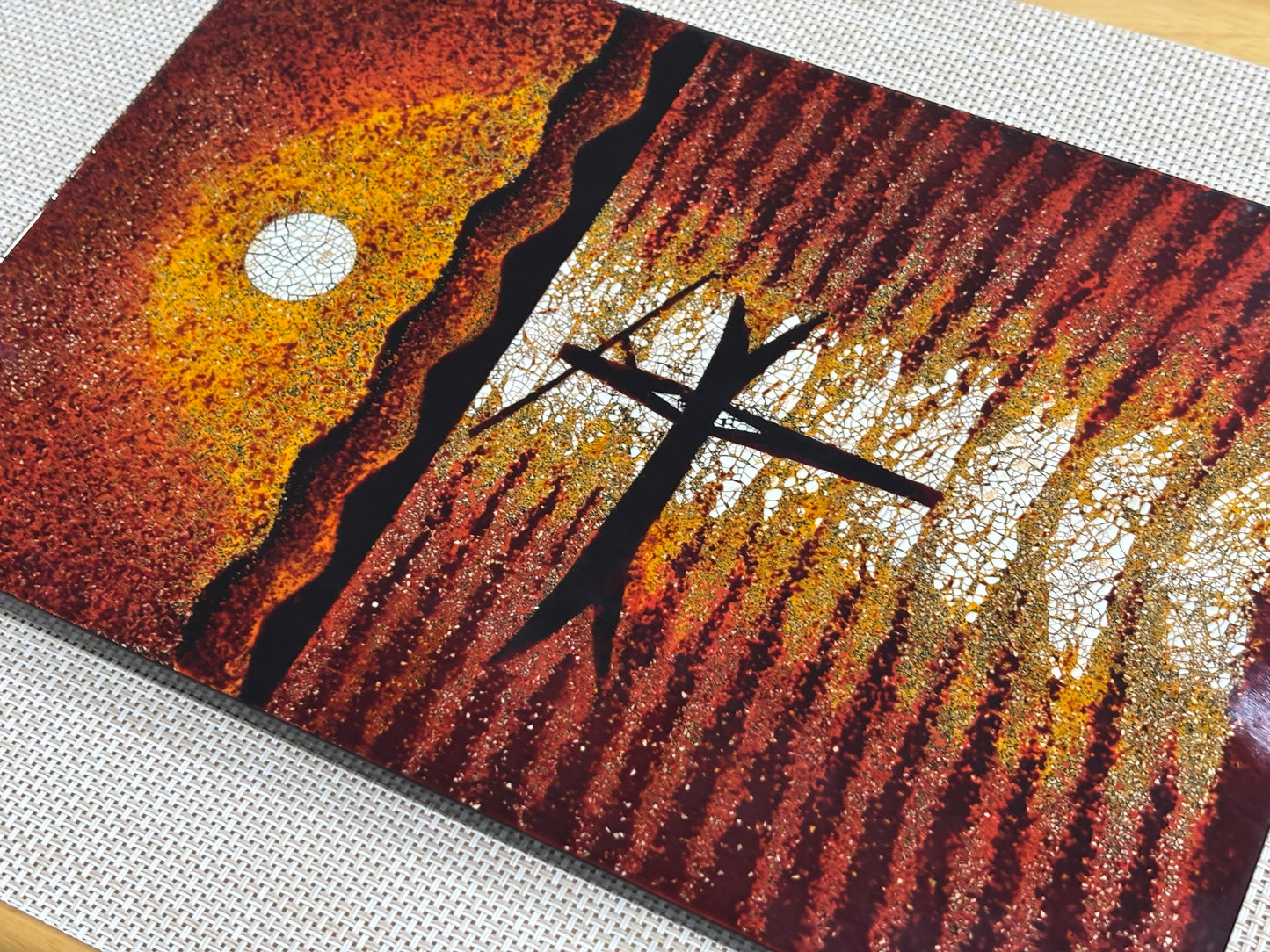 Vietnamese Lacquer Painting – Moonlit Fishing Boat, Eggshell Inlay Art, 20x30 cm