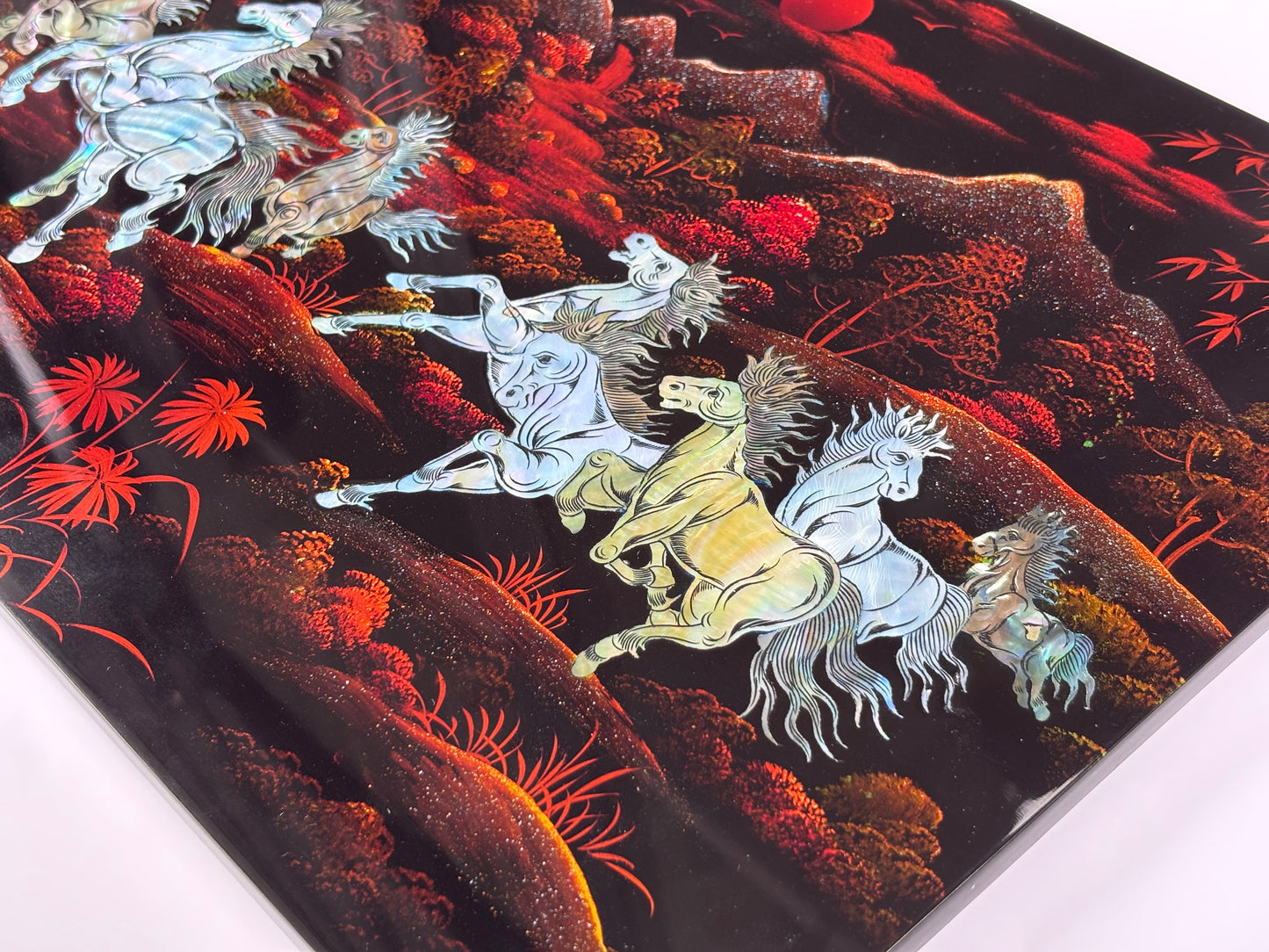 Vietnamese Lacquer Painting – Eight Galloping Horses (30 x 40 cm) | Handcrafted Wall Art