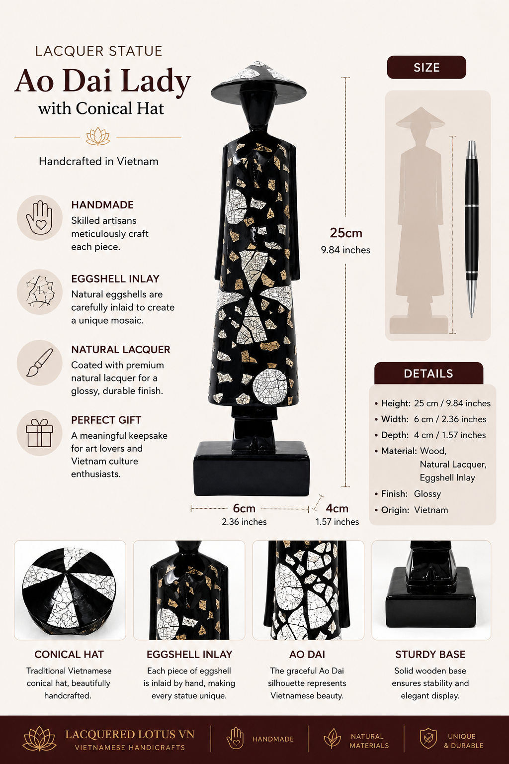 Black Eggshell Lacquer Ao Dai Lady Statue – 25 cm | Handmade Vietnamese Art