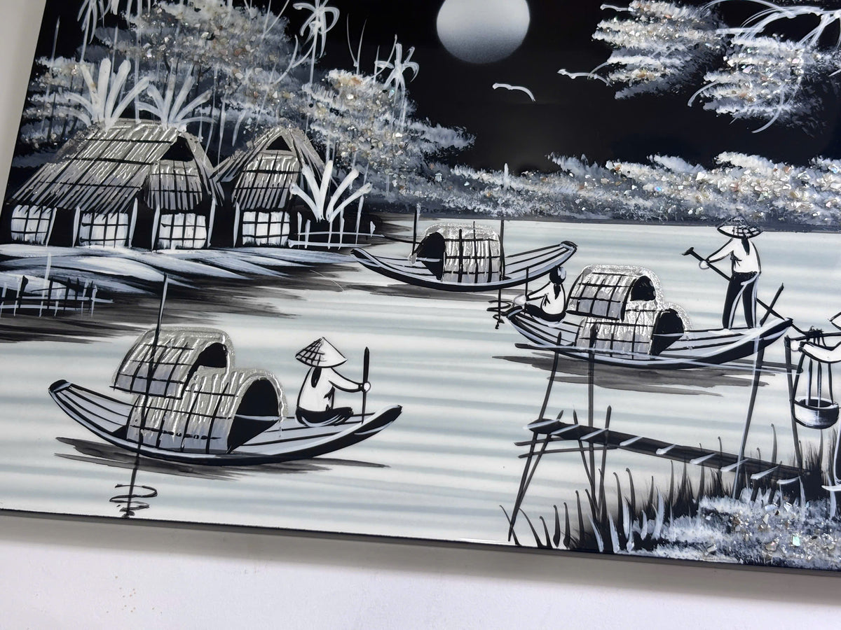Moonlit Vietnamese Village – Handmade Vietnamese Lacquer Painting