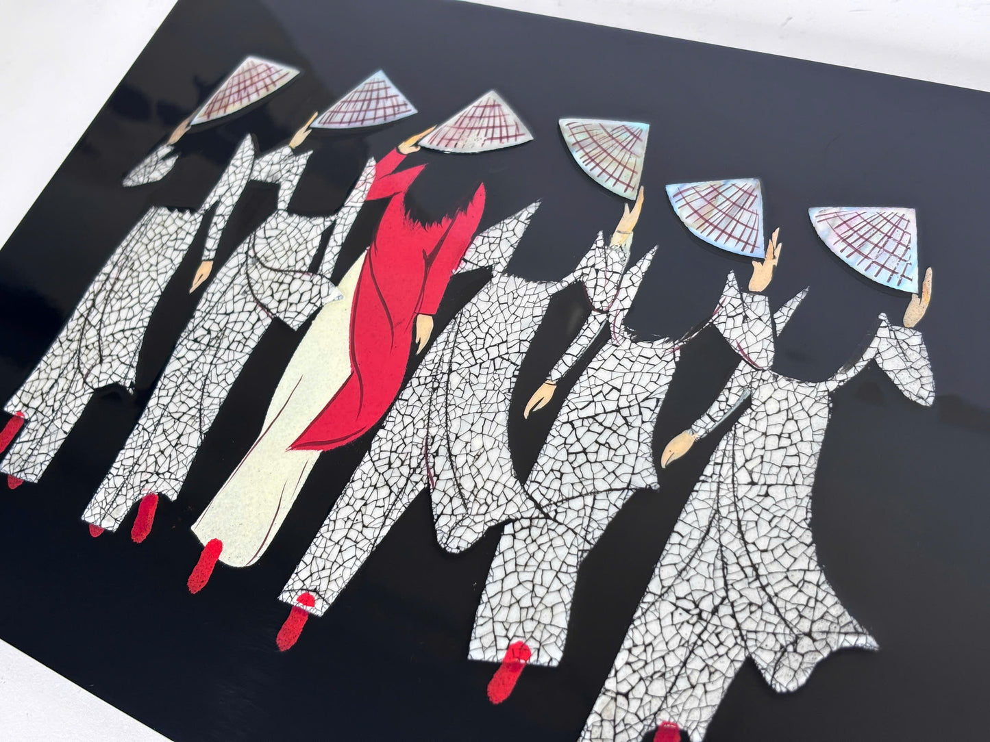Vietnamese Ao Dai Lacquer Painting – Handmade Vietnamese Women Art, Traditional Conical Hats