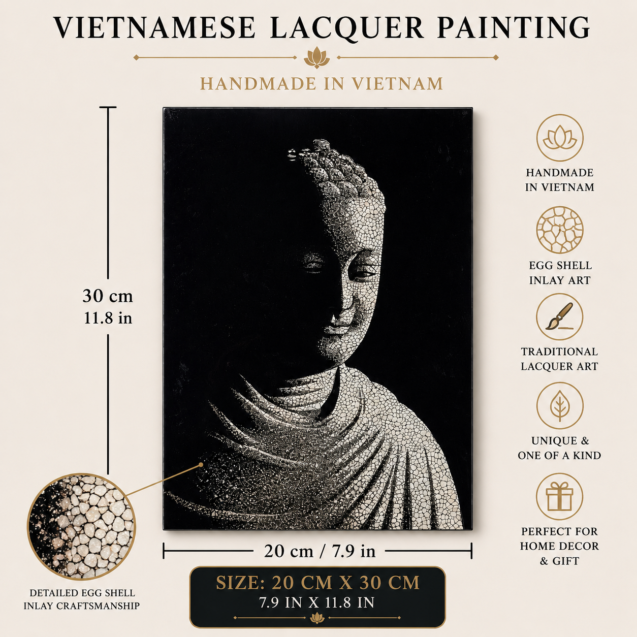 Handmade Vietnamese Lacquer Buddha Painting – Eggshell Inlay Wall Art (20 × 30 cm)