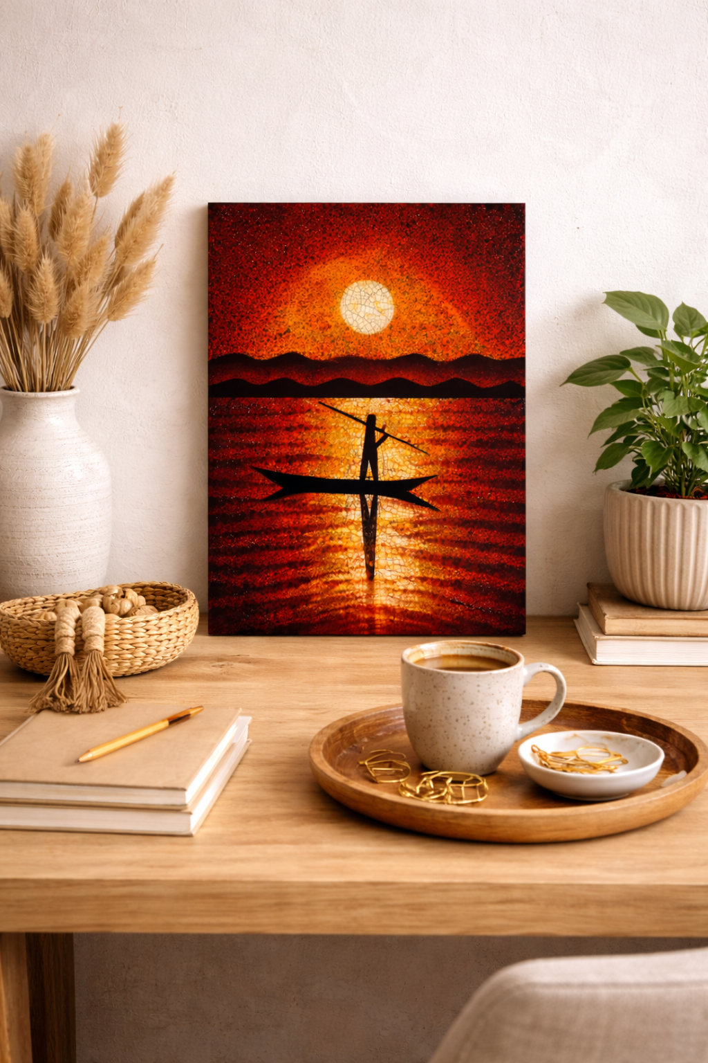 Vietnamese Lacquer Painting – Moonlit Fishing Boat, Eggshell Inlay Art, 20x30 cm
