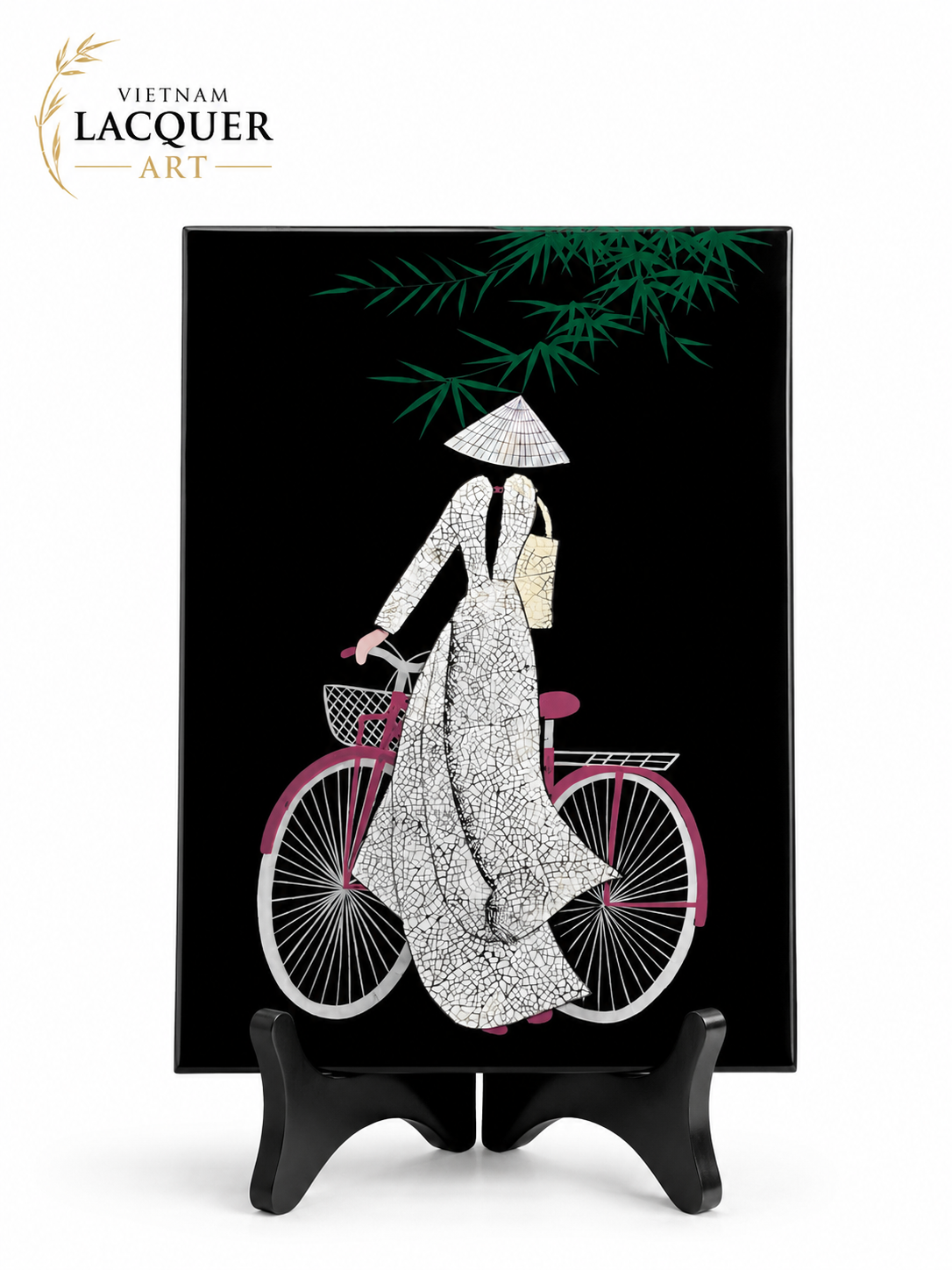 Vietnamese Lacquer Painting – Woman Riding Bicycle with Eggshell & Mother-of-Pearl Inlay | 20 × 30 cm