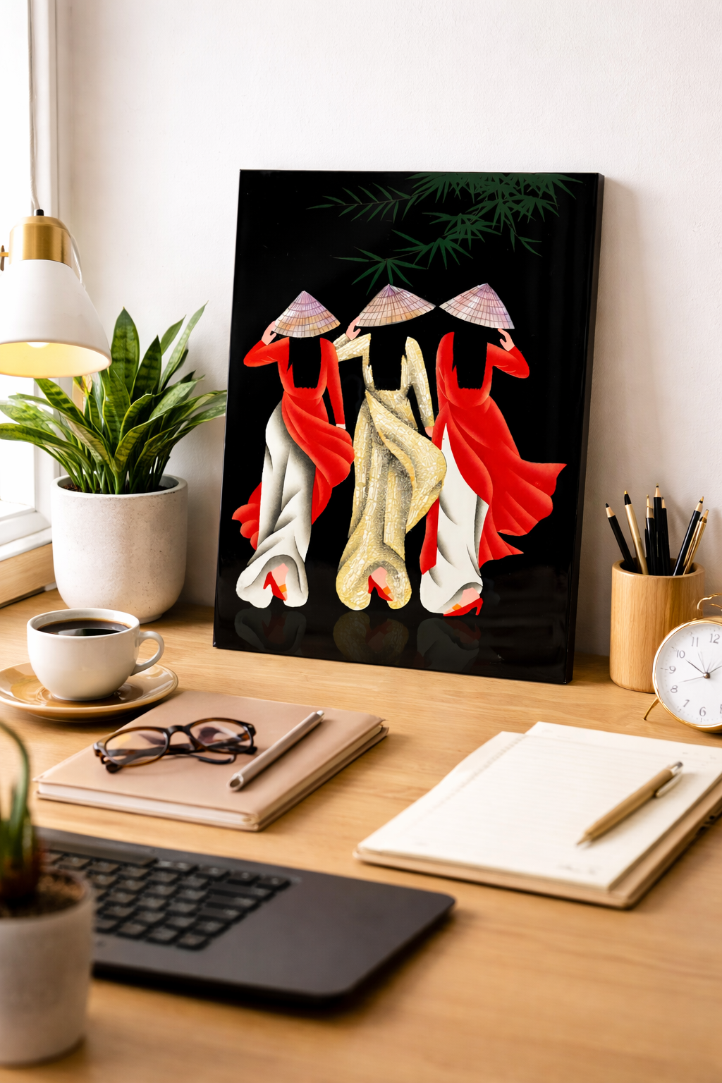 Vietnamese Lacquer Art Painting – Three Women in Traditional Ao Dai – Handcrafted Wall Decor 20 x 30 cm