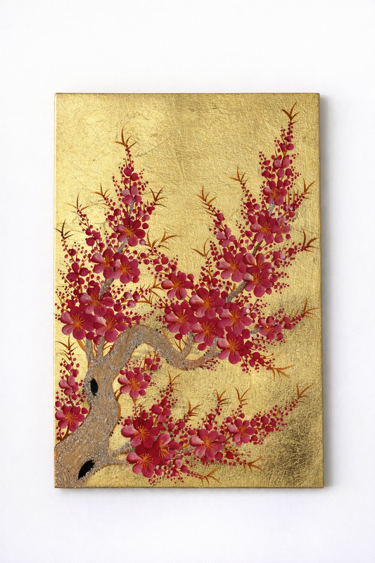 Vietnamese Lacquer Blossom Painting on Gold Leaf Background – Handcrafted Wall Art Inspired by Spring Flowers 20x30cm