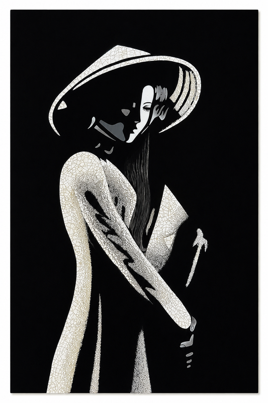 Vietnamese Lacquer Painting – Lady in Áo Dài with Eggshell Inlay 20x30