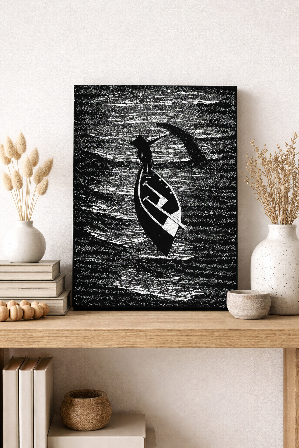 Black & White Vietnamese Lacquer Painting Fishing Boat 20x30 cm | Eggshell Inlay Art