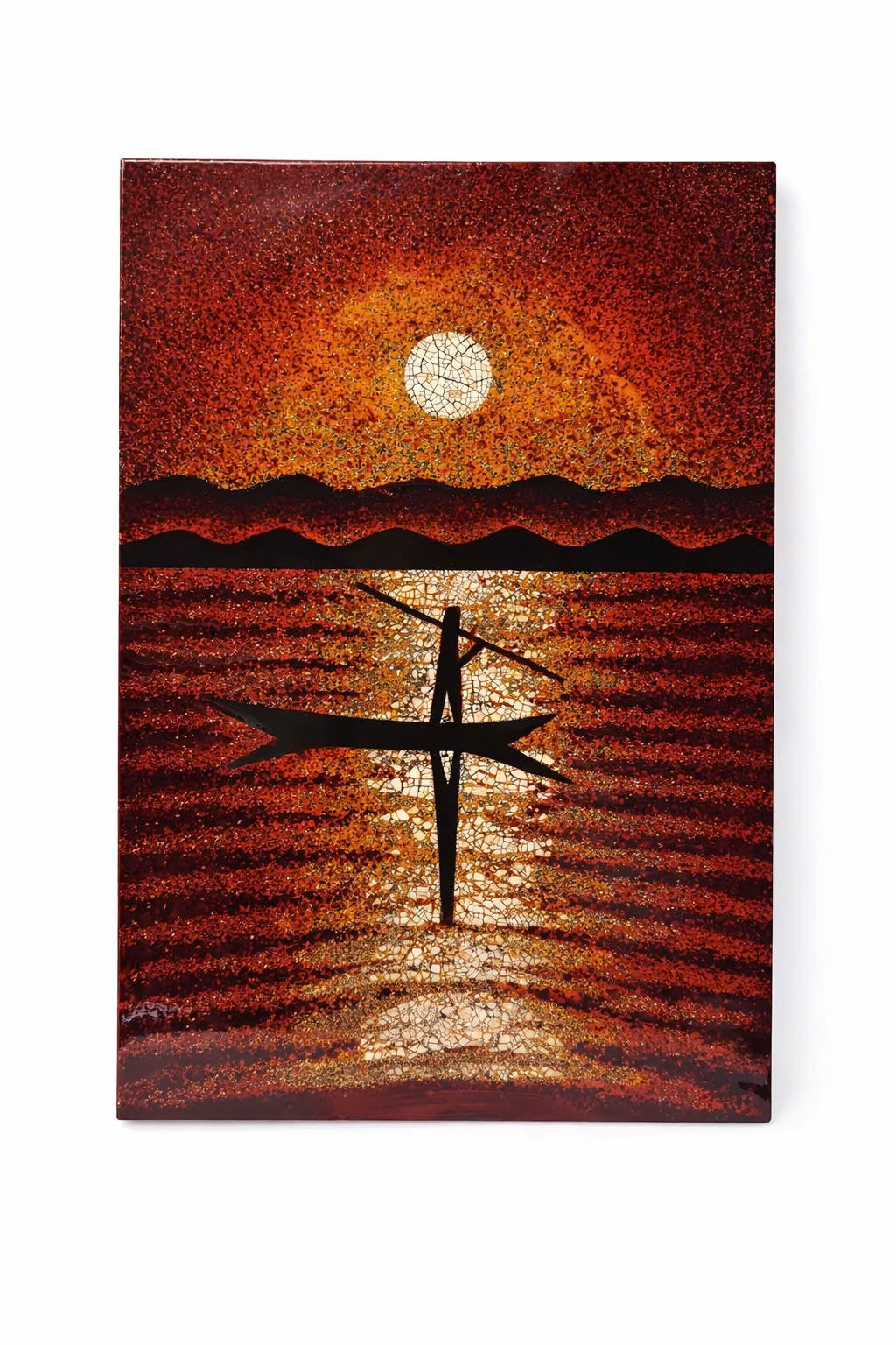 Vietnamese Lacquer Painting – Moonlit Fishing Boat, Eggshell Inlay Art, 20x30 cm