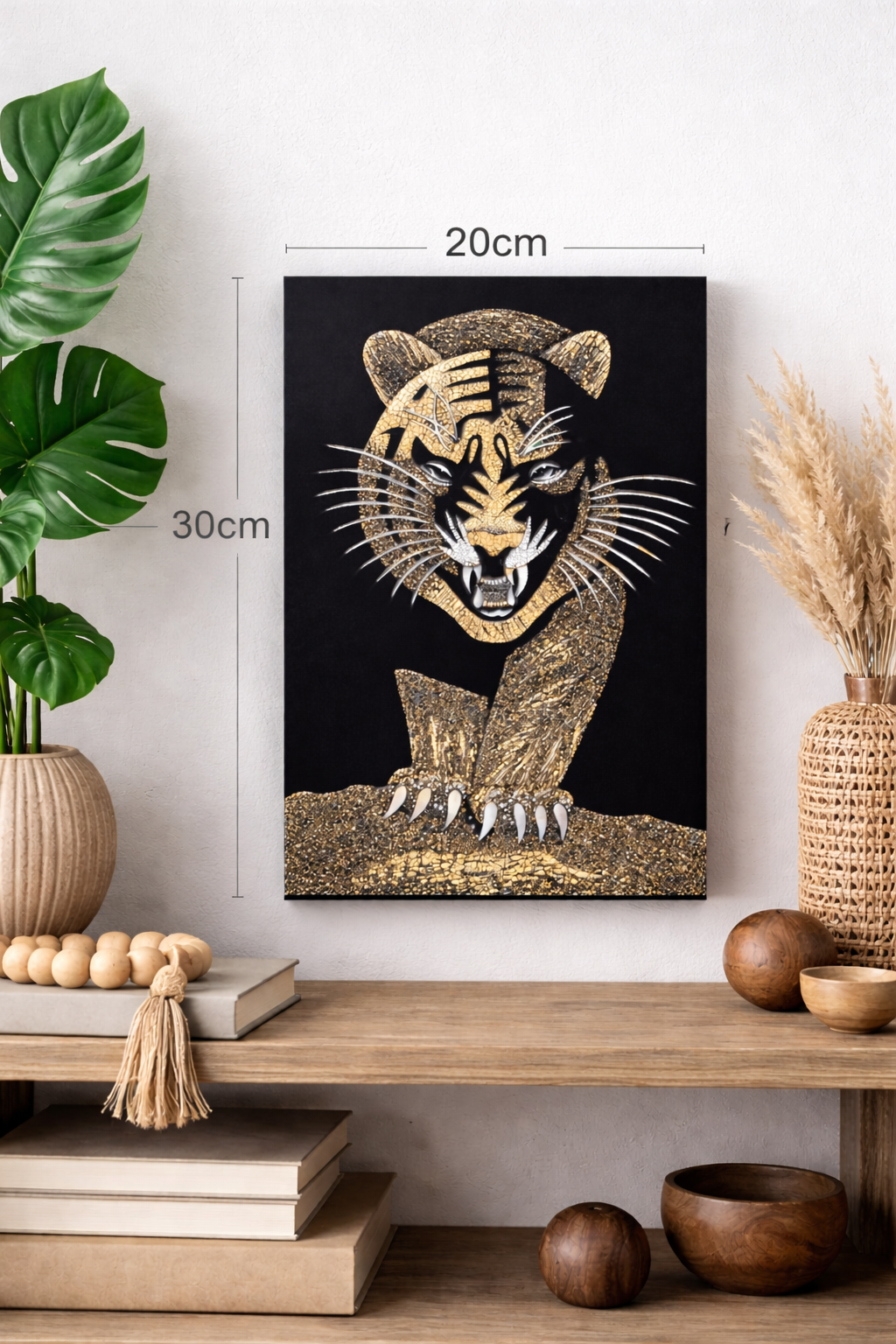 Vietnamese Lacquer Tiger Painting – Handmade Eggshell Inlay Art 20x30 cm