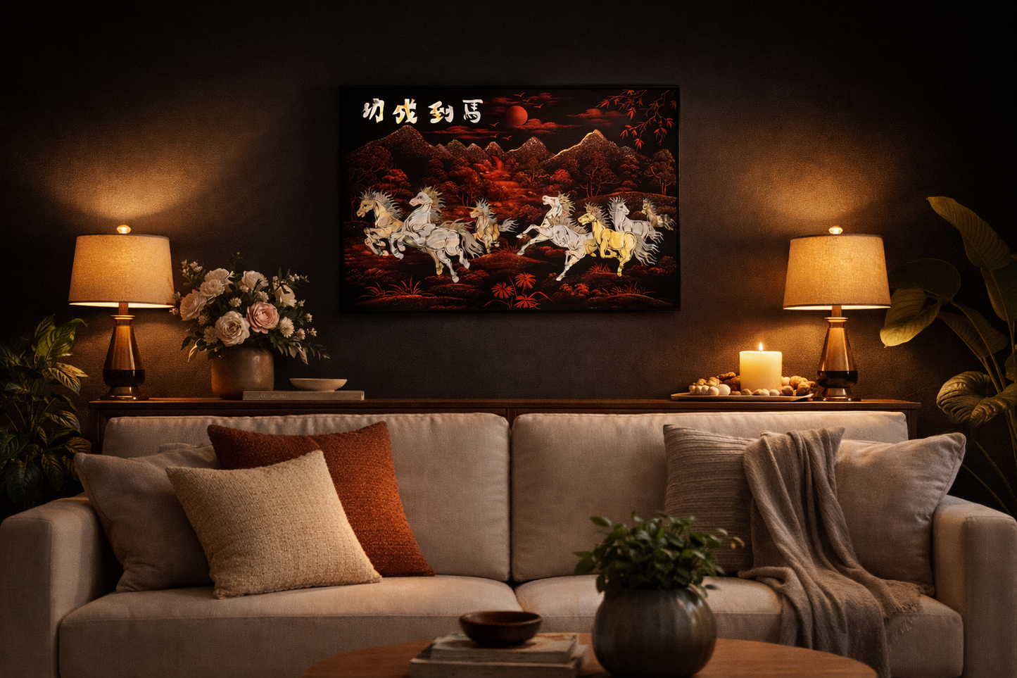 Vietnamese Lacquer Painting – Eight Galloping Horses (30 x 40 cm) | Handcrafted Wall Art