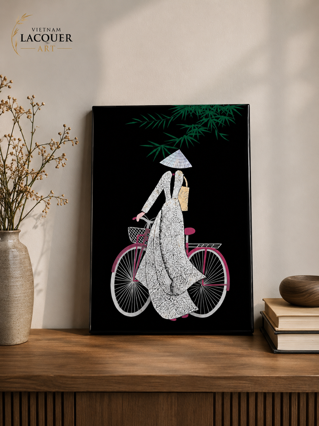 Vietnamese Lacquer Painting – Woman Riding Bicycle with Eggshell & Mother-of-Pearl Inlay | 20 × 30 cm