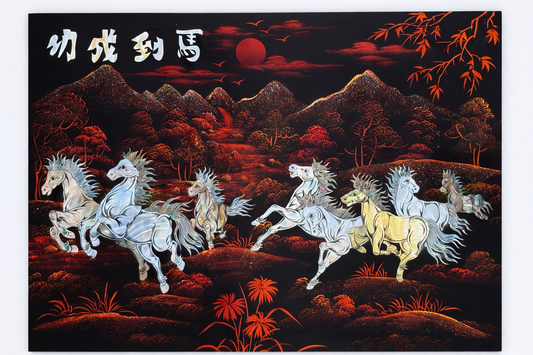 Vietnamese Lacquer Painting – Eight Galloping Horses (30 x 40 cm) | Handcrafted Wall Art