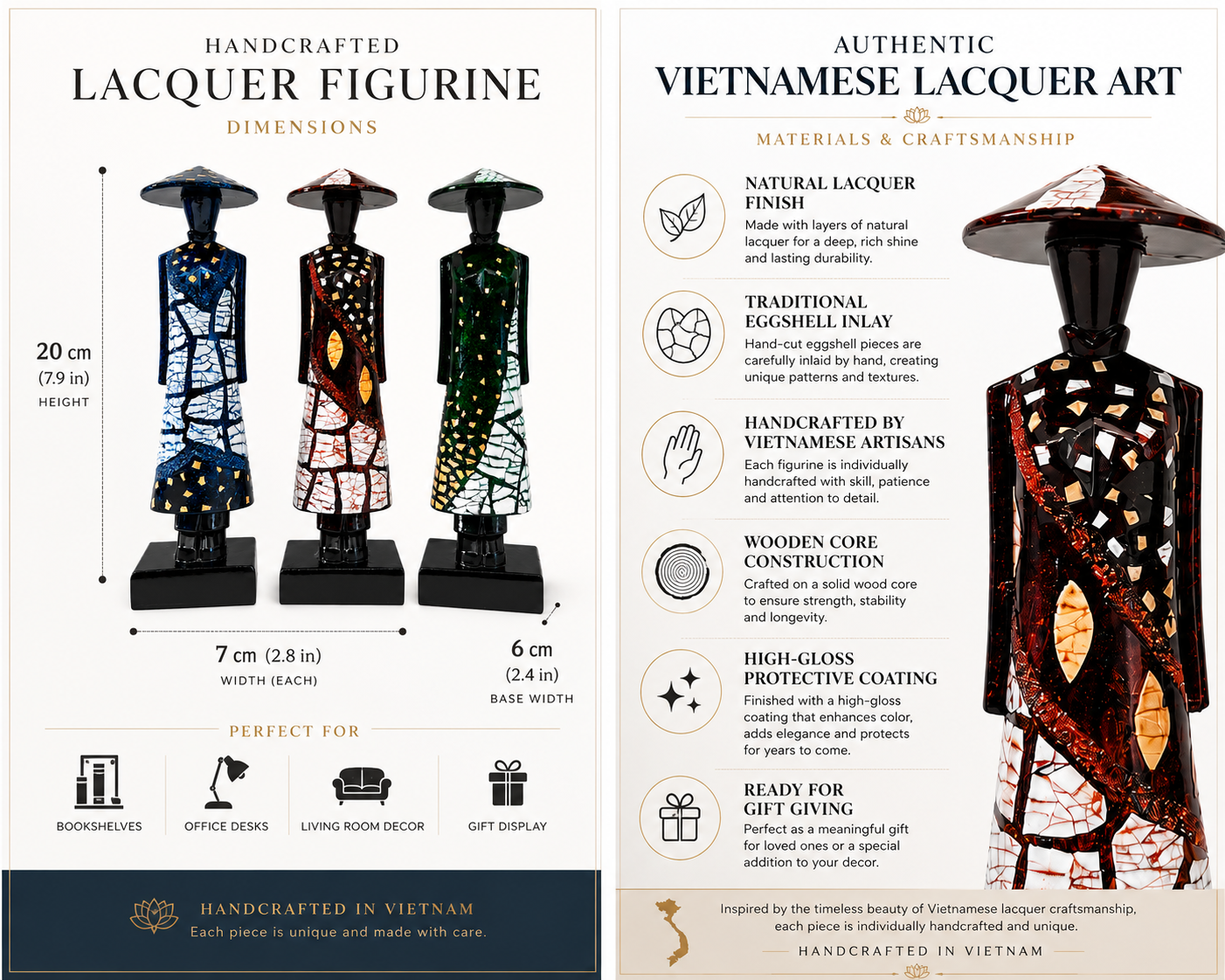 Vietnamese Ao Dai Lacquer Statue Set of 3 – Handcrafted Vietnamese Art 20cm