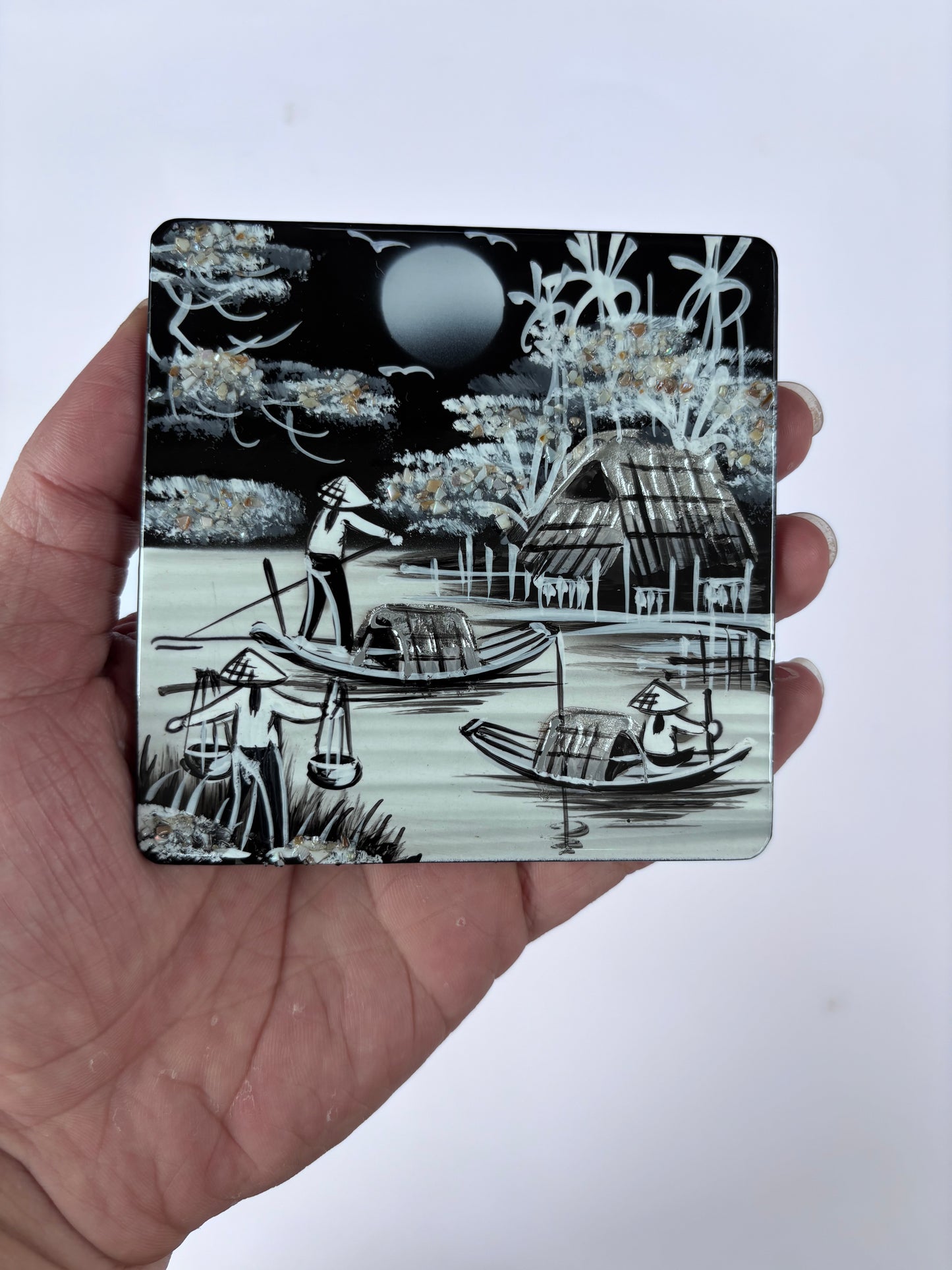 Vietnamese Lacquer Coaster Set of 6 with Holder – Handmade Eggshell Inlay Art