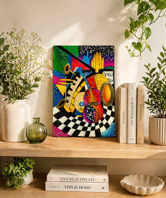 Vietnamese Lacquer Music Art Painting – Handmade Contemporary Wall Decor with Eggshell & Mother of Pearl Inlay