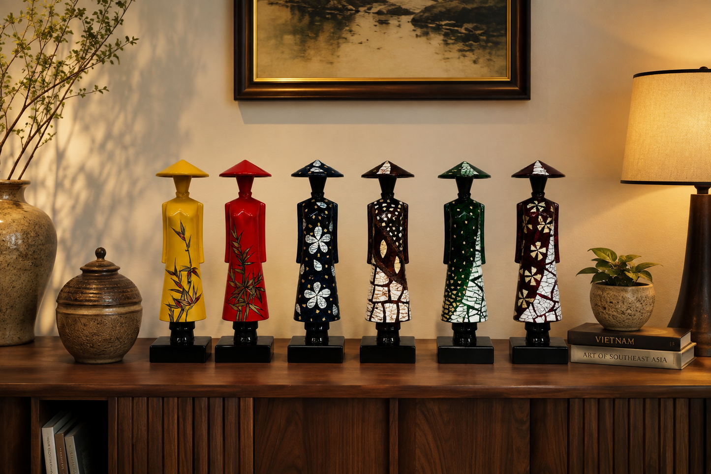 Set of 6 Vietnamese Ao Dai Lacquer Statues – Handmade Vietnamese Art Collection
