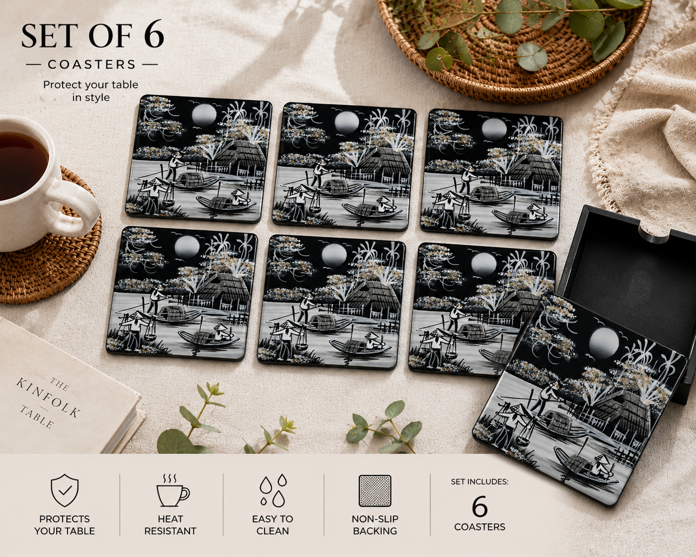 Vietnamese Lacquer Coaster Set of 6 with Holder – Handmade Eggshell Inlay Art