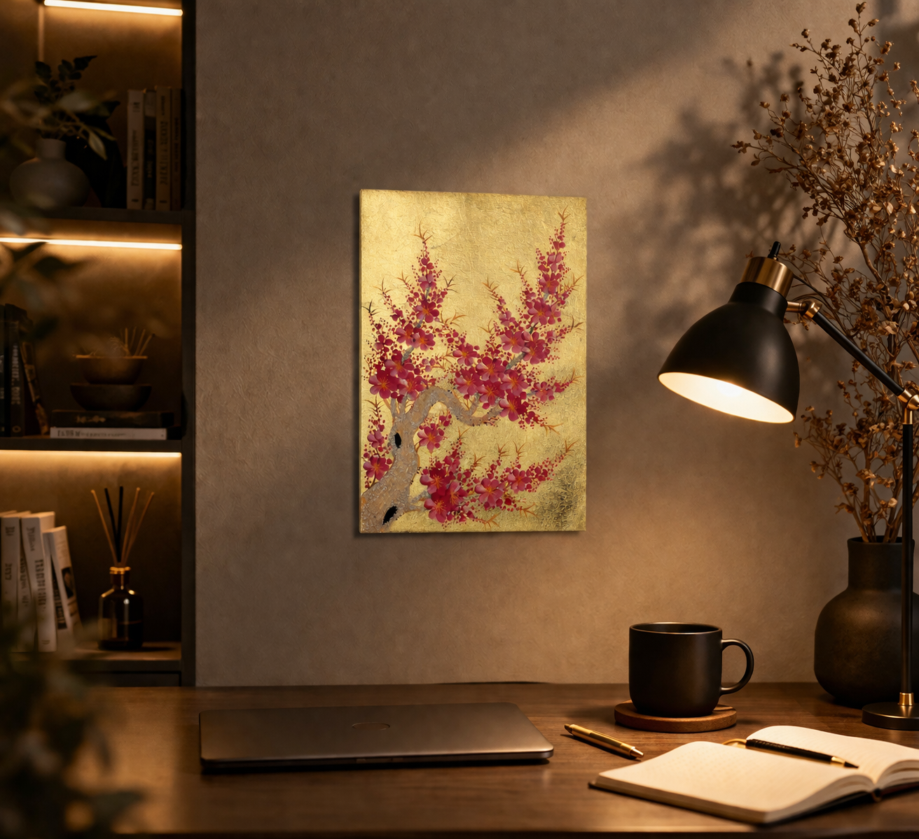 Vietnamese Lacquer Blossom Painting on Gold Leaf Background – Handcrafted Wall Art Inspired by Spring Flowers 20x30cm