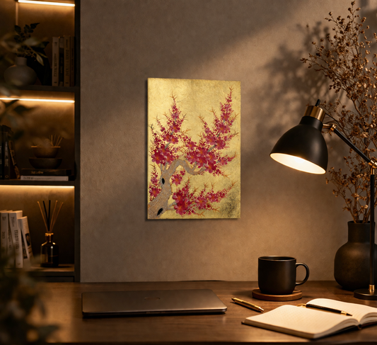 Vietnamese Lacquer Blossom Painting on Gold Leaf Background – Handcrafted Wall Art Inspired by Spring Flowers 20x30cm