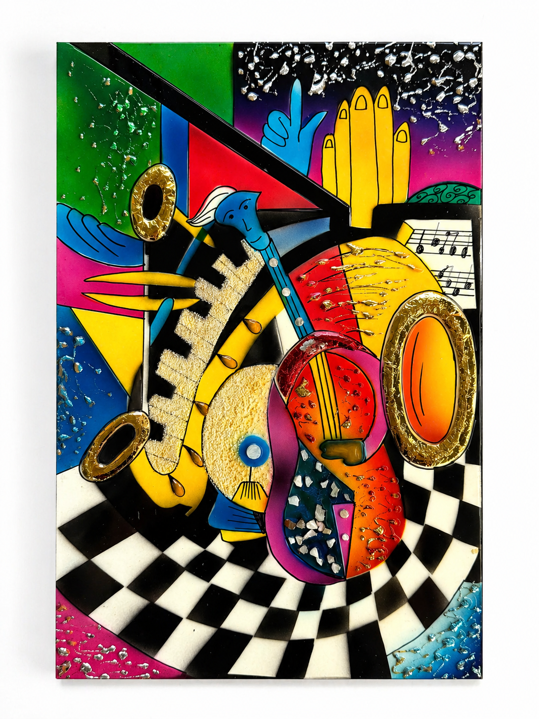 Vietnamese Lacquer Music Art Painting – Handmade Contemporary Wall Decor with Eggshell & Mother of Pearl Inlay