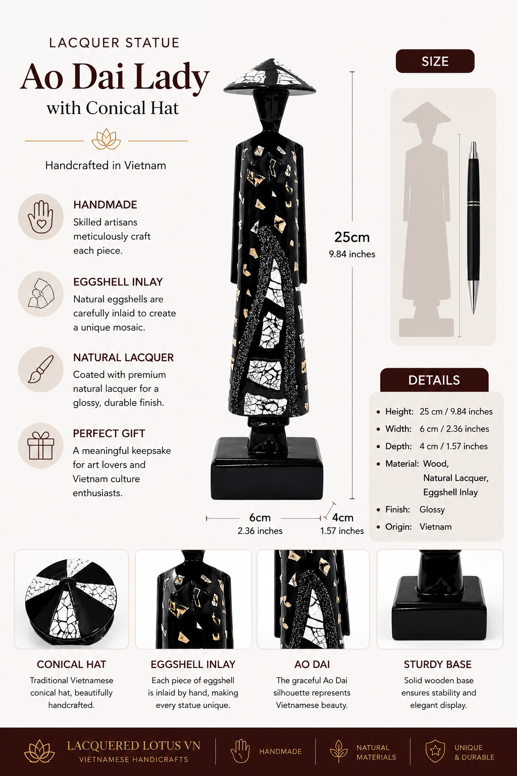 Black Eggshell Lacquer Ao Dai Lady Statue – 25 cm | Handmade Vietnamese Art