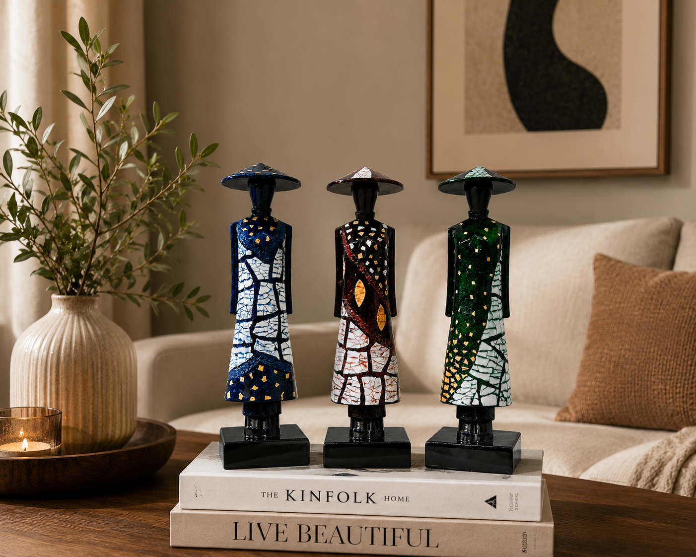 Vietnamese Ao Dai Lacquer Statue Set of 3 – Handcrafted Vietnamese Art 20cm