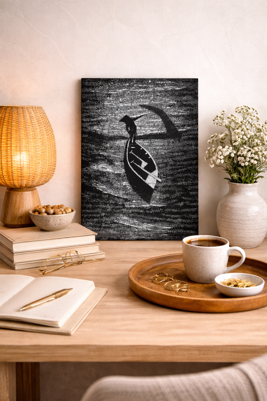Vietnamese Boat at Dawn – Handmade Black & White Lacquer Painting with Eggshell Inlay (20 × 30 cm)