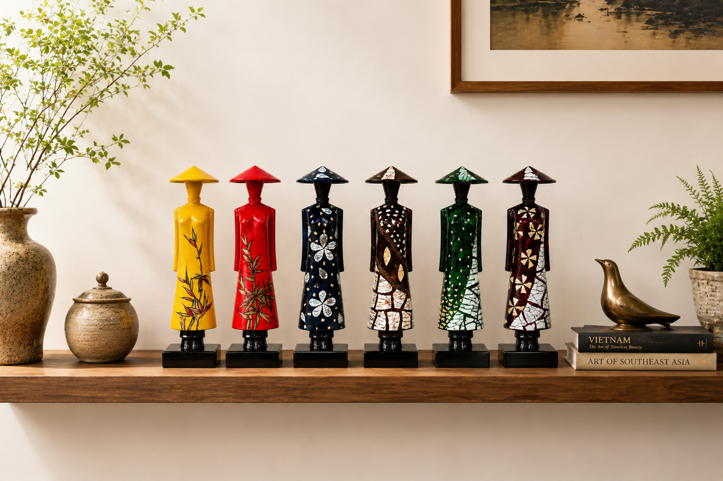 Set of 6 Vietnamese Ao Dai Lacquer Statues – Handmade Vietnamese Art Collection