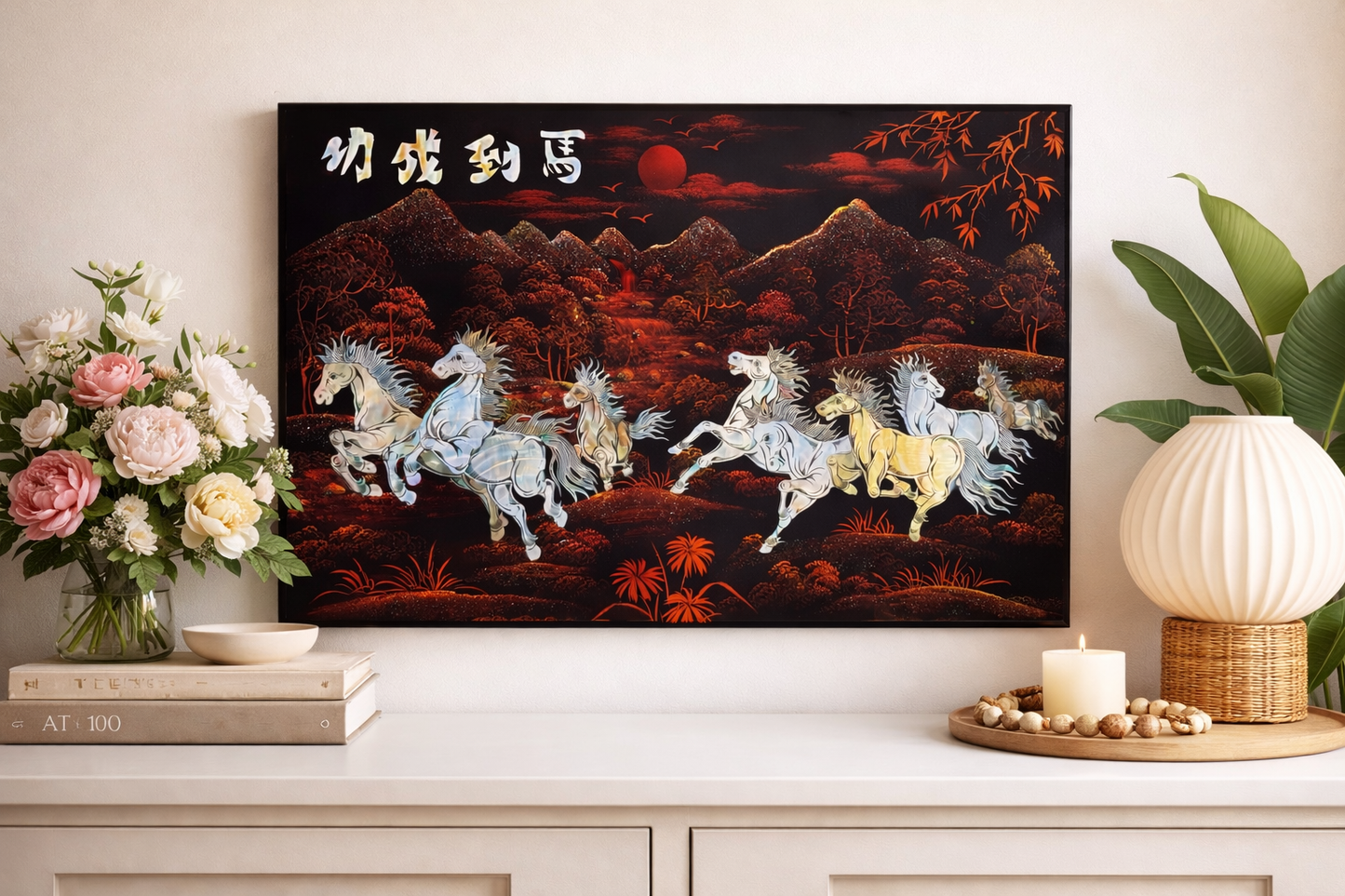 Vietnamese Lacquer Painting – Eight Galloping Horses (30 x 40 cm) | Handcrafted Wall Art