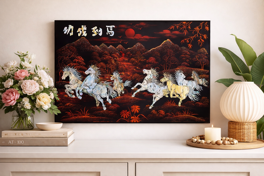 Vietnamese Lacquer Painting – Eight Galloping Horses (30 x 40 cm) | Handcrafted Wall Art