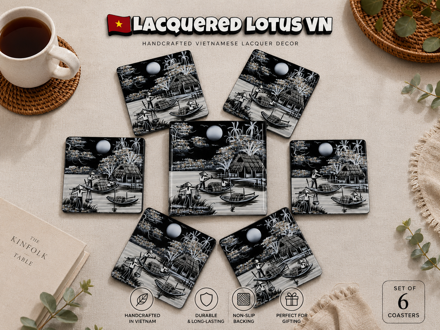 Vietnamese Lacquer Coaster Set of 6 with Holder – Handmade Eggshell Inlay Art