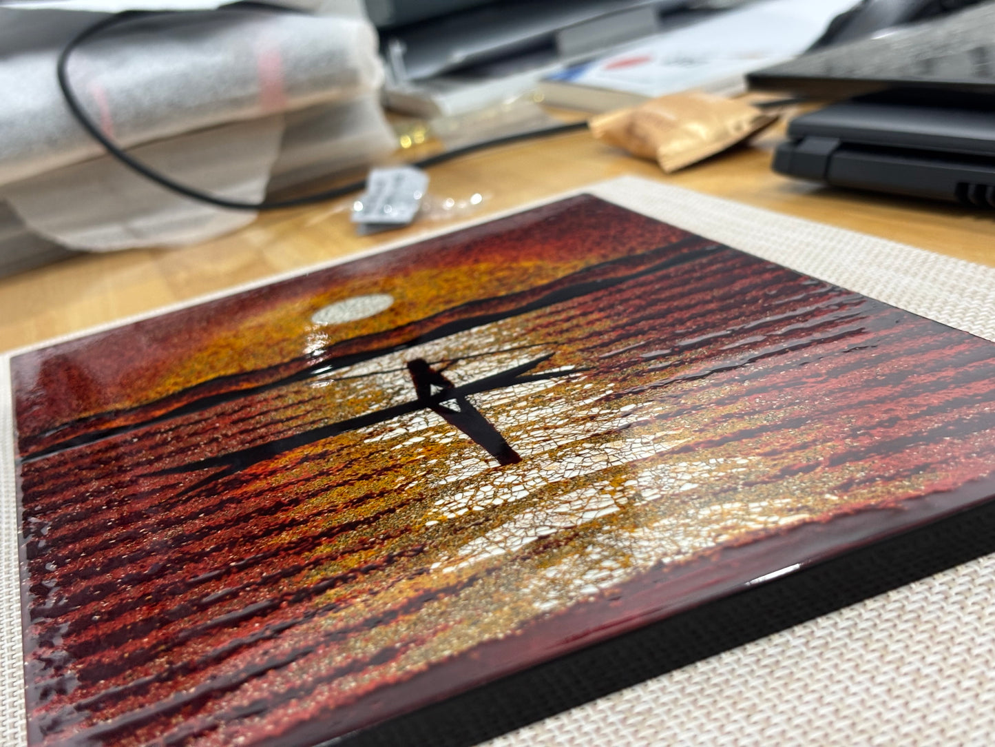 Vietnamese Lacquer Painting – Moonlit Fishing Boat, Eggshell Inlay Art, 20x30 cm