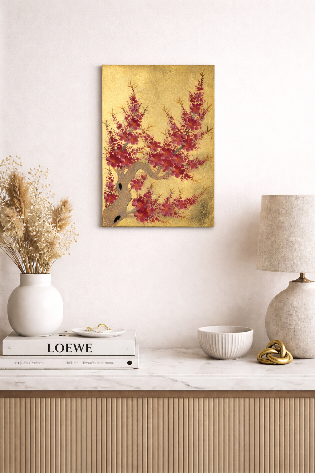 Vietnamese Lacquer Blossom Painting on Gold Leaf Background – Handcrafted Wall Art Inspired by Spring Flowers 20x30cm