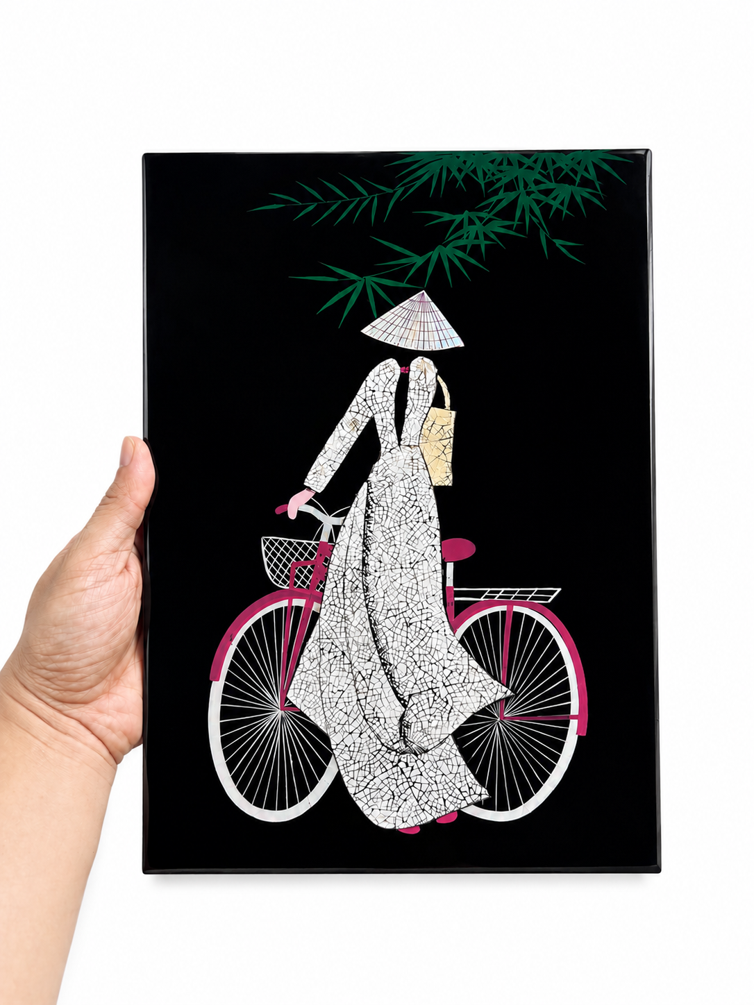 Vietnamese Lacquer Painting – Woman Riding Bicycle with Eggshell & Mother-of-Pearl Inlay | 20 × 30 cm