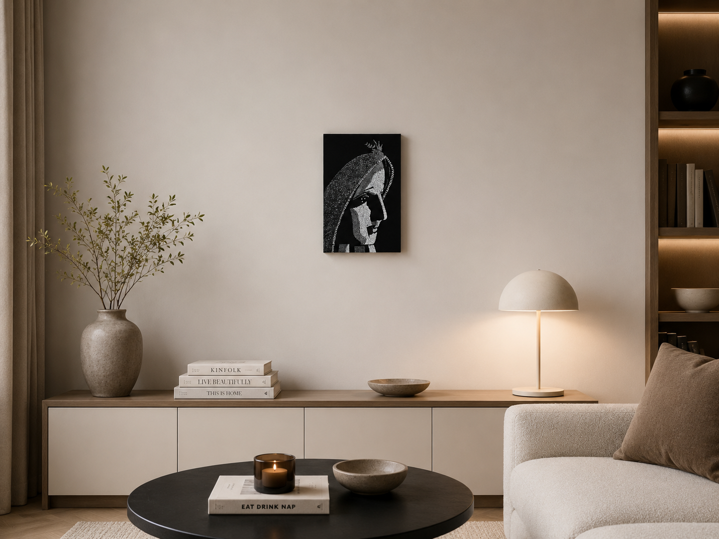 Black & White Madonna Lacquer Painting – Handcrafted Vietnamese Sacred Art (20 x 30 cm)