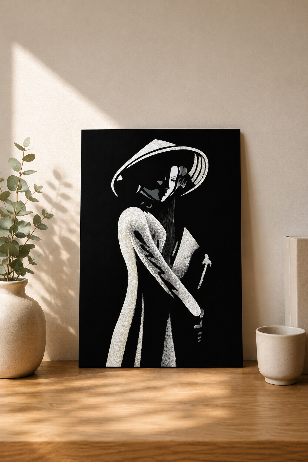 Vietnamese Lacquer Painting – Lady in Áo Dài with Eggshell Inlay 20x30