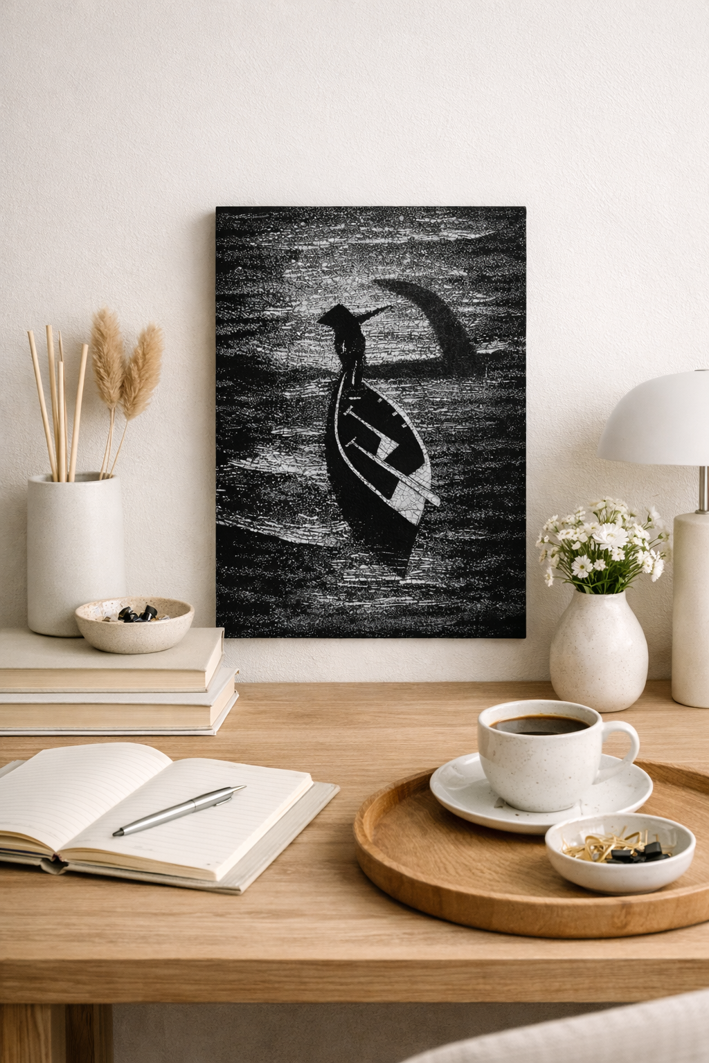 Black & White Vietnamese Lacquer Painting Fishing Boat 20x30 cm | Eggshell Inlay Art