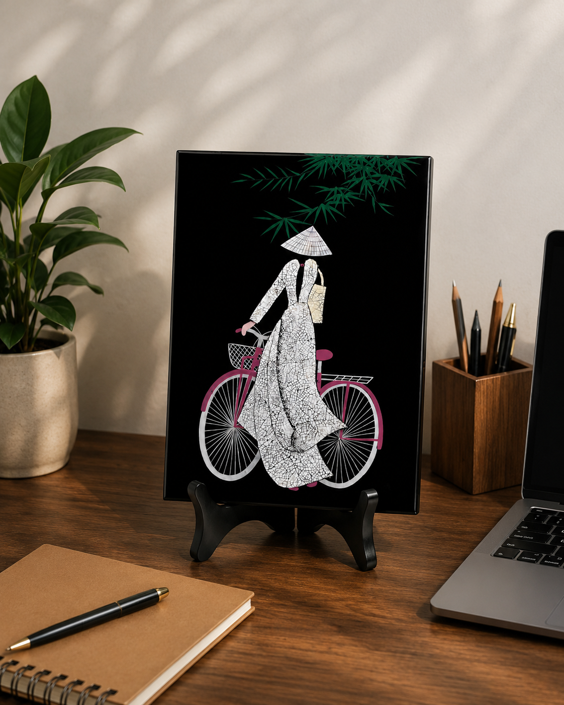 Vietnamese Lacquer Painting – Woman Riding Bicycle with Eggshell & Mother-of-Pearl Inlay | 20 × 30 cm