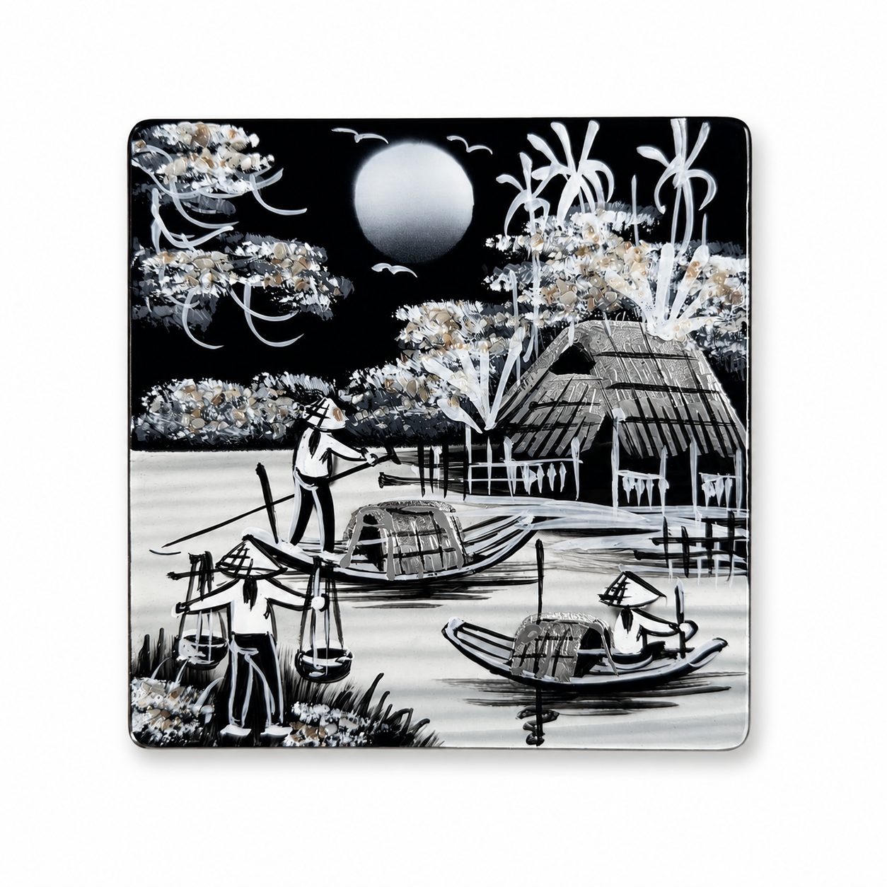 Vietnamese Lacquer Coaster Set of 6 with Holder – Handmade Eggshell Inlay Art