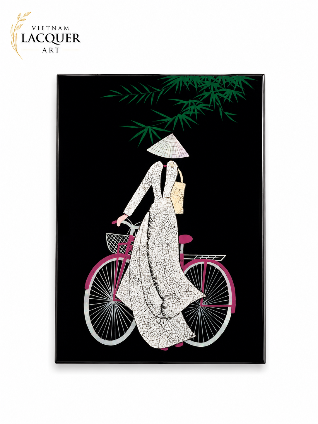 Vietnamese Lacquer Painting – Woman Riding Bicycle with Eggshell & Mother-of-Pearl Inlay | 20 × 30 cm