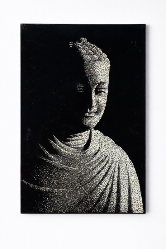 Handmade Vietnamese Lacquer Buddha Painting – Eggshell Inlay Wall Art (20 × 30 cm)