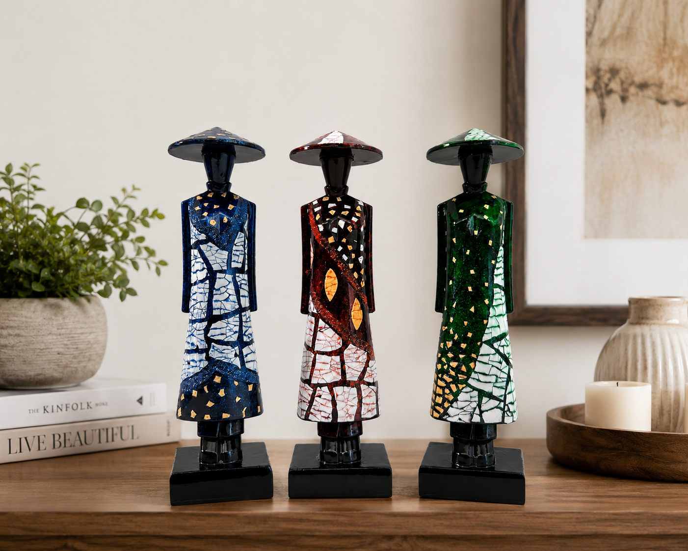 Vietnamese Ao Dai Lacquer Statue Set of 3 – Handcrafted Vietnamese Art 20cm