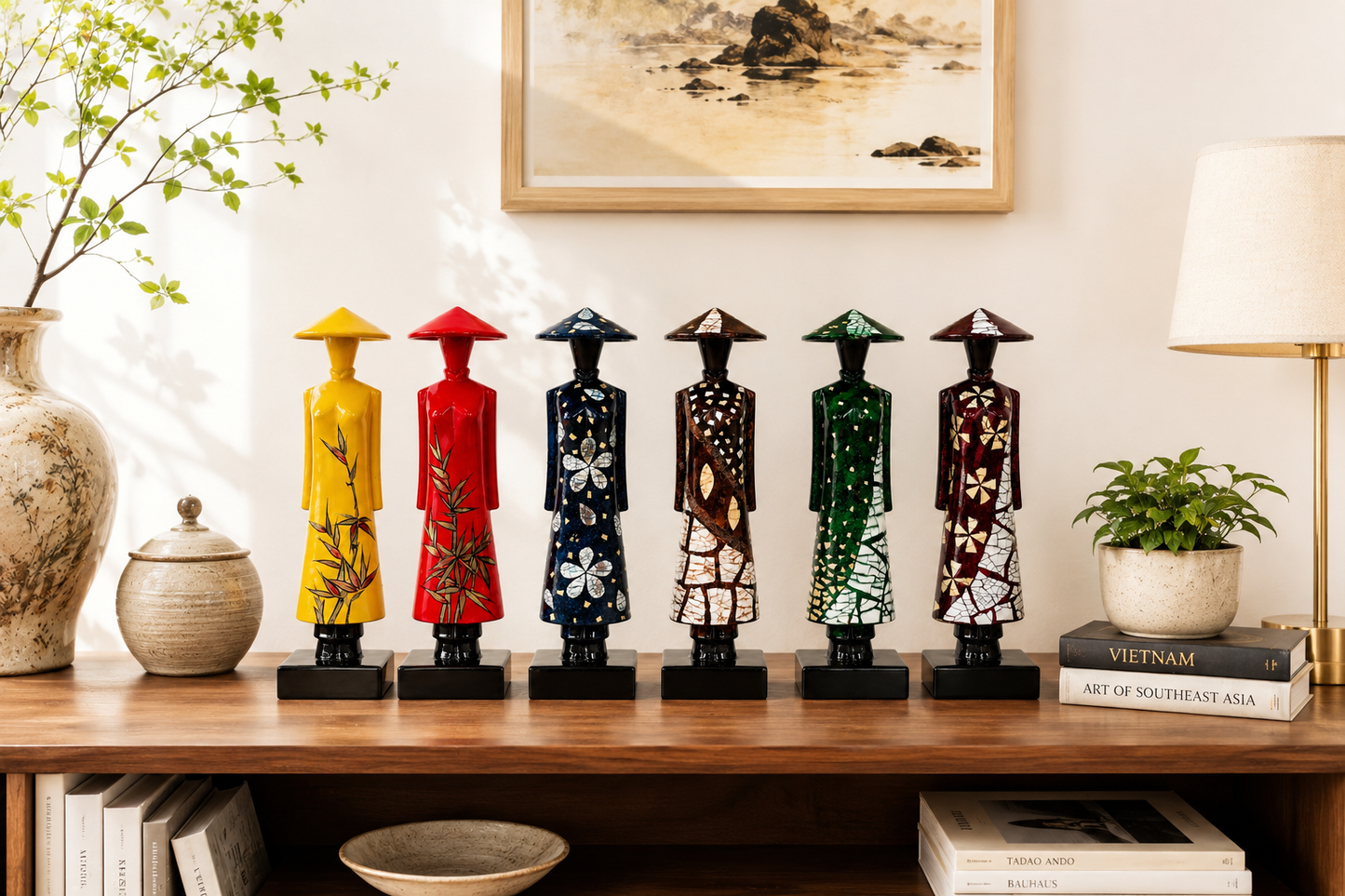 Set of 6 Vietnamese Ao Dai Lacquer Statues – Handmade Vietnamese Art Collection